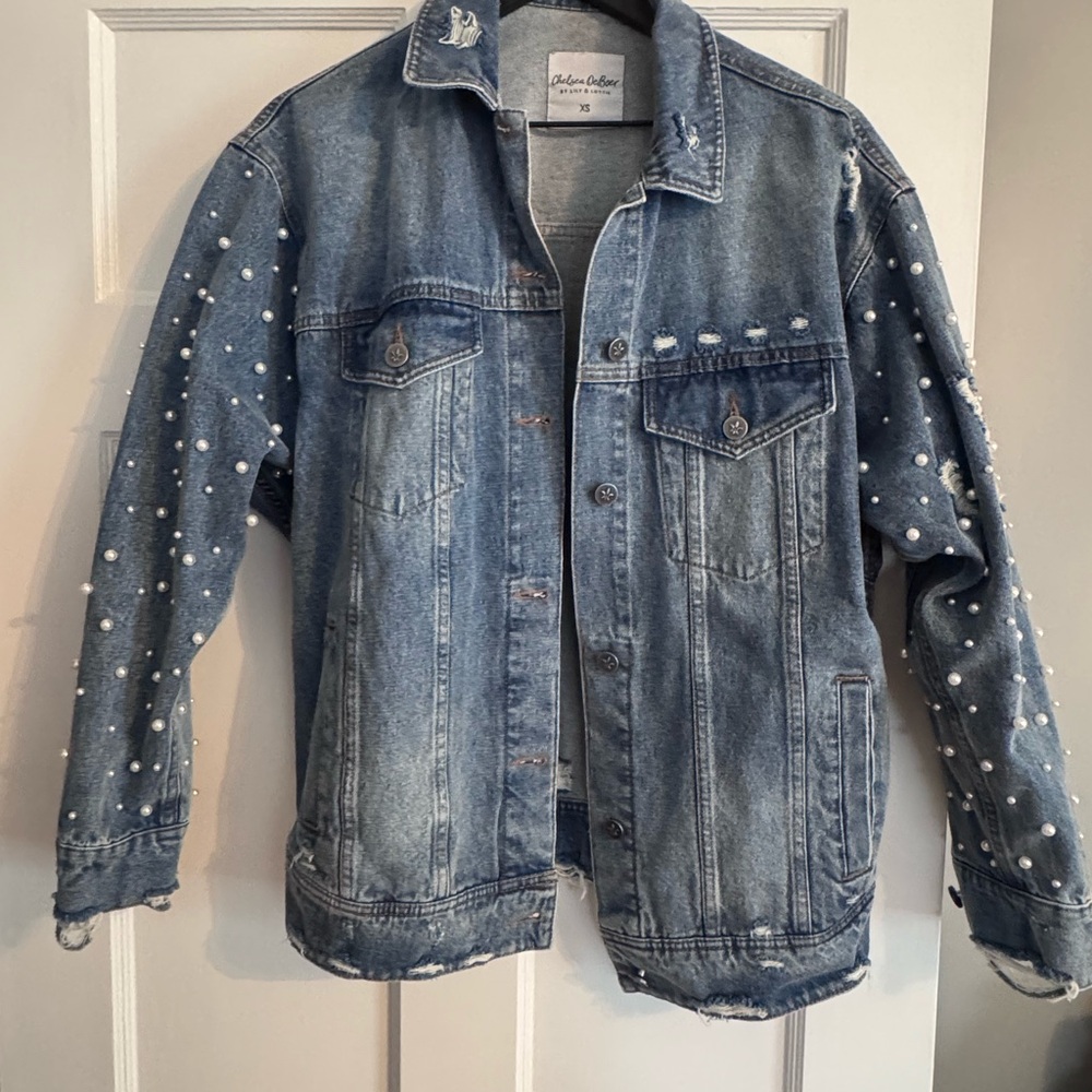 Oversized Pearl-Embellished Distressed Denim Jacket - Light Blue